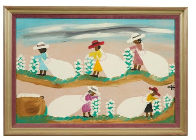 Clementine Hunter (American/Louisiana, 1887-1988), "Picking Cotton," H.- 16 in., W.- 24 in., Framed