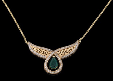 14K Yellow Gold Emerald and Diamond Necklace, Pendant- H.- 1 in., W.- 1 7/8 in.; Overall- L.- 18 in.