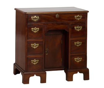 Diminutive English Georgian Inlaid Mahogany Kneehole Desk, 19th c., H.- 31/2 in. W.- 30 1/8 in., D.-