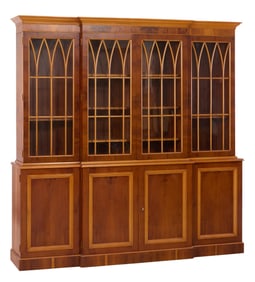English Carved Walnut Breakfront Bookcase, 20th c., H.- 82 1/2 in., W.- 84 in., D.- 18 in.