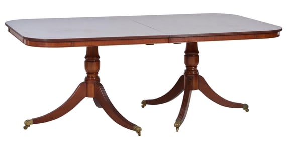 English Regency Style Banded Mahogany Extension Dining Table, 20th c., H.- 29 1/2 in., W.- 78 in.,