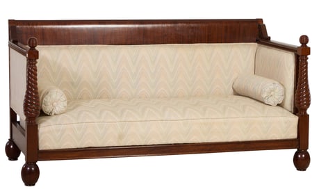 American Classical Style Carved Mahogany Box Sofa, late 19th c., H.- 37 1/2 in., W.- 76 in., D.- 34