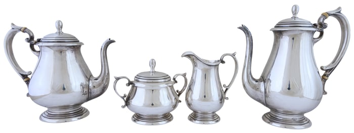 New Orleans Four Piece Sterling Coffee Tea Set, Retailed by Coleman E. Adler, App. Total Sterling