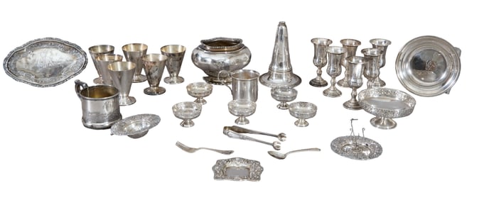 Thirty Pieces of Sterling Serveware, App. Total Sterling Wt.- 48.9 Troy oz.; Waste- 3 7/8 in., W.- 5