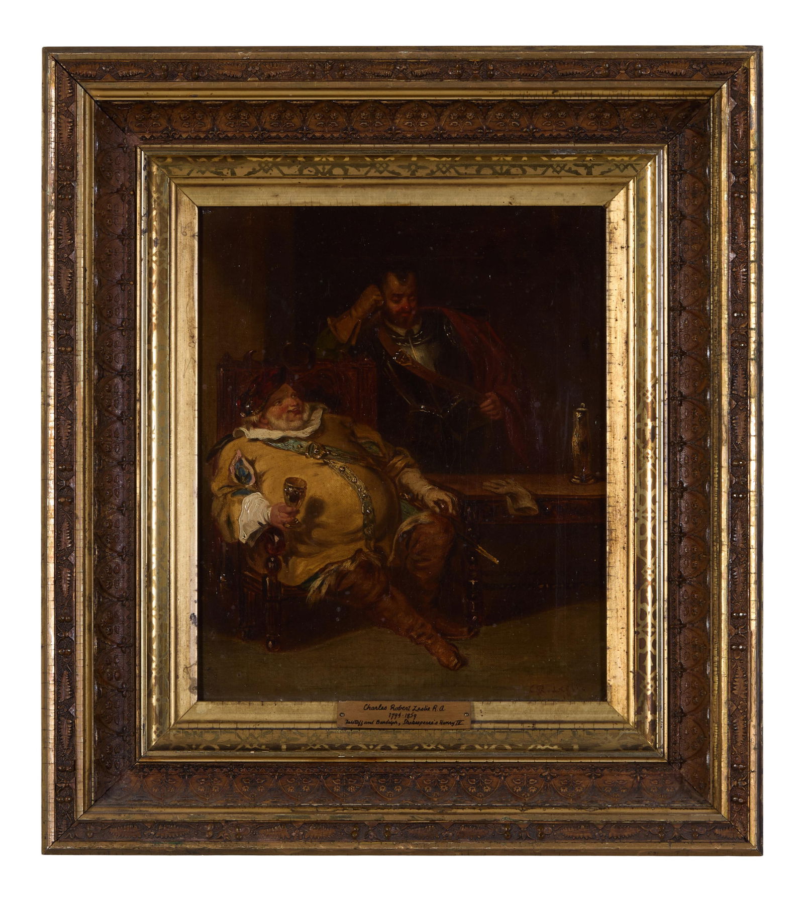 Charles Robert Leslie, RA (British, 1794-1859), "Falstaff and Bardolph, Shakespeare's Henry IV,": Charles Robert Leslie, RA (British, 1794-1859), "Falstaff and Bardolph, Shakespeare's Henry IV," 1850, oil on linen, signed and dated lower left, titled on brass artist plaque, presented in a period g