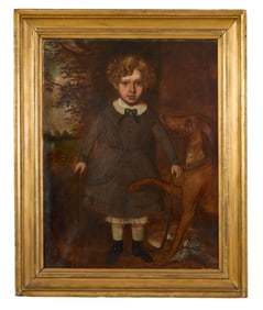 American Folk Art School, "Portrait of a Boy and His Dog," c. 1840s, H.- 39 in., W.- 30 in., Framed-