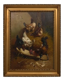 Henry Schouten (Belgian, 1859/1867- 1927), "Chickens Feeding," H.- 28 1/4 in., W.- 21 in., Framed-
