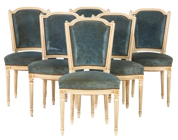 Set of Six French Louis XVI Style Creme Peinte Side Chairs, 20th c., Each- H.- 36 in., W.- 19 in.,