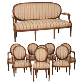 Nine Piece French Louis XVI Style Carved Beech Parlor Suite, 20th c., Side Chairs- H.- 37 1/2 in.,