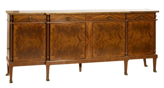 French Empire Style Brass Mounted Inlaid Walnut Enfilade, 20th c., H.- 41 3/4 in., W.- 98 3/4 in.,