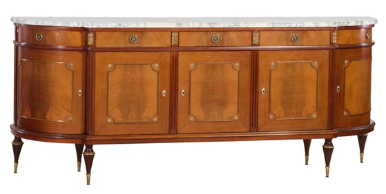 French Louis XVI Style Marble Top Walnut Sideboard, 20th c., H.- 40 3/4 in., W.- 100 in., D.- 21 3/4