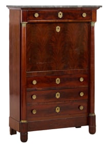 French Empire Ormolu Mounted Marble Top Mahogany Secretaire a Abattant, early 19th c., H.- 56 3/4
