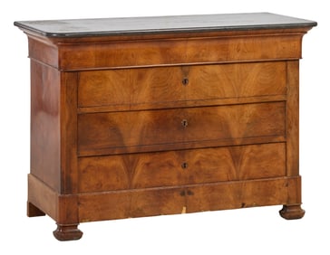 French Louis Philippe Marble Top Walnut Commode, mid 19th c., H.- 36 i/2 in., W.- 51 3/4 in., D.- 23