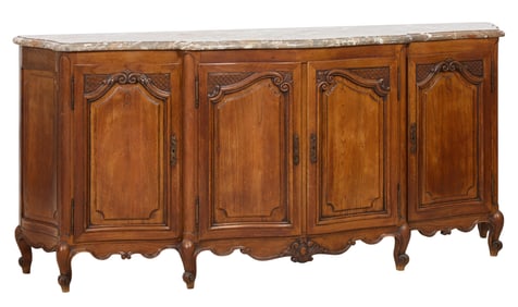 French Louis XV Style Marble Top Walnut Sideboard, 20th c., H.- 37 1/2 in., W.- 83 1/2 in., D.- 22