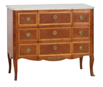 French Transitional Louis XV/XVI Style Marble Top Parquetry Commode, 20th c., H.- 32 1/2 in., W.- 39