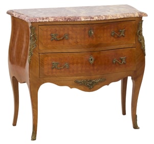 French Marble Top Louis XV Style Ormolu Mounted Marble Top Parquetry Bombe Commode, 20th c., H.- 32