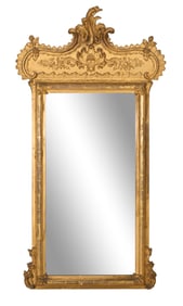 French Belle Epoque Gold Leaf and Gesso Overmantel Mirror, late 19th c., H.- 601 in., W.- 29 in.,