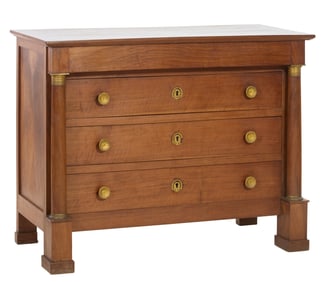 French Empire Ormolu Mounted Walnut Commode, early 19th c., H.- 38 1/2 in., W.- 49 in., D.- 23 in.