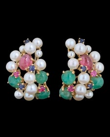 Pair of 18K Yellow Gold Pearl, Emerald and Sapphire Dress Pins, 20th c., Each- H.- 1 3/16 in., W.-