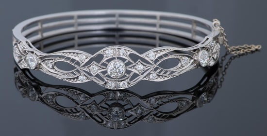 Art Deco Platinum Diamond Bangle Bracelet, early 20th c., App. Total Diamond Wt.- 2.25 carats, App.