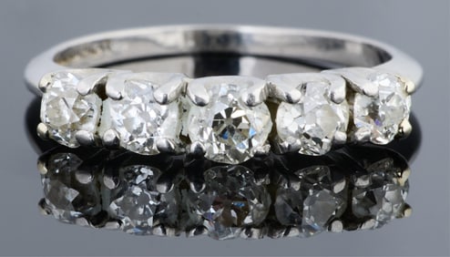 Lady's Platinum Five Diamond Anniversary Band, App. Total Diamond Wt.- 0.95 cts., Size- 6.