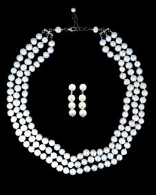 Pearl Necklace and Earrings Set, Necklace- L.- 16 in.; Earrings- H.- 1 1/2 in. (3 Pcs.)