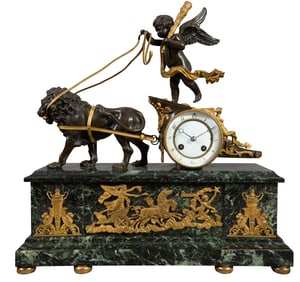 French Empire Style Gilt Bronze Marble Cherub Chariot Mantel Clock, 19th c., H.- 17 3/4 in., W.- 17