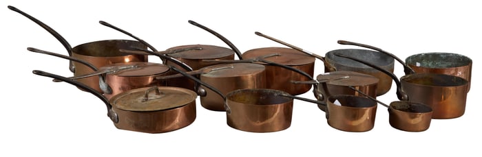 Nineteen Pieces of French Copper Cookware, early 20th c., Largest Pot- H.- 5 1/2 in., W.- 19 1/2