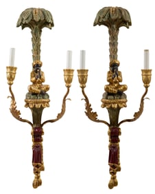 Pair of Large Giltwood Two Light Blackamoor Sconces, 20th c., H.- 31 1/2 in., W.- 11 3/4 in., D.- 5