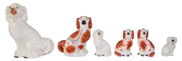 Group of Six English Staffordshire Dogs, 20th c., Ranging from 4 3/4 in. to 12 1/2 in. (6 Pcs.)