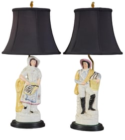 Pair of Large English Polychromed Staffordshire Figures, 19th/20th c., Female- H.- 13 3/4 in., W.- 5