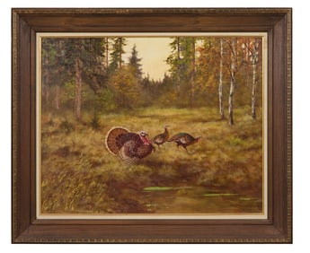 George Majewicz (Germany, 1897-1973), "Turkeys in the Wild," 20th c., H.- 24 in., W.- 30 1/8 in.,