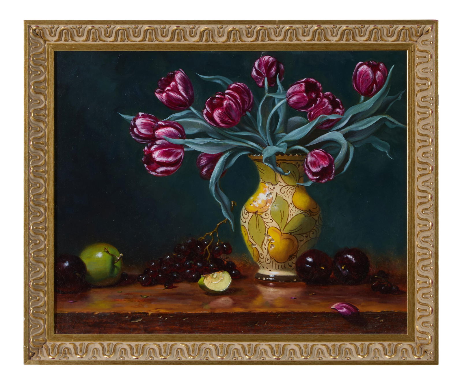 Jeff Legg (American, b. 1959), "Still Life with Tulips and Fruit," 1999, H.- 16 in., W.- 20 in.,: Jeff Legg (American, b. 1959), "Still Life with Tulips and Fruit," 1999, oil on masonite, signed and dated lower left, presented in a giltwood frame, H.- 16 in., W.- 20 in., Framed- H.- 19 in., W.- 22