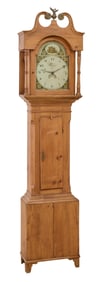 English Pine Tall Case Calendar Clock, 19th c., H.- 84 in., W.- 17 in., D.- 9 in.