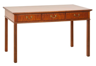 Eldred Wheeler Curly Maple "Rhode Island" Writing Surface Desk, 20th c., H.- 31 in., W.- 52 in., D.-