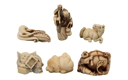 Group of Six Japanese Carved Netsuke, Largest- H.- 1 1/2 in., W.- 2 in., D.- 1 3/4 in. (6