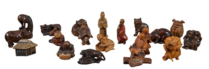 Group of Nineteen Japanese Carved Boxwood Netsuke, Largest- H.- 1 7/8 in., W.- 1 1/2 in., D.- 1 7/8