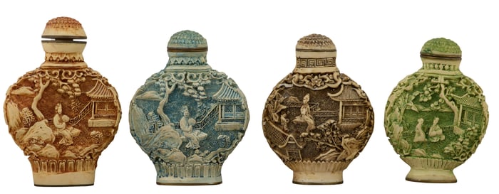 Group of Four Carved Snuff Bottles, Tallest- H.- 2 3/4 in., W.- 2 in., D.- 3/4 in. (4 Pcs.)