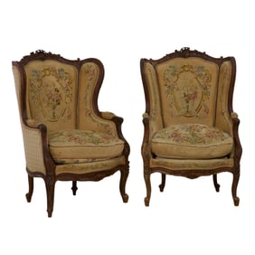 Pair of French Louis XV Style Walnut Bergeres, late 19th c., Each- H.- 43 in., W.- 27 1/2 in., D.-