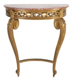 French Louis XVI Style Marble Top Gilt Wood Console, early 20th c., H.- 38 in., W.- 32 in., D.- 13