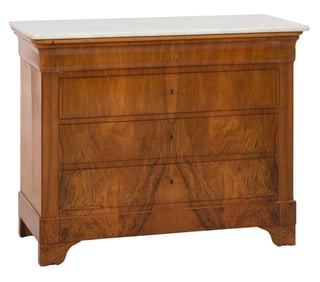 French Provincial Louis Philippe Marble Top Figured Walnut Commode, c. 1860, H.- 36 1/2 in., W.- 46