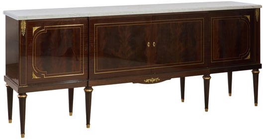 Louis XVI Style Ormolu Mounted Marble Top Walnut Sideboard, 20th c., H.- 39 1/4 in., W.- 95 in., D.-