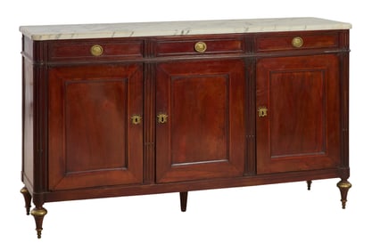 French Louis XVI Style Marble Top Walnut Sideboard, 20th c., H.- 40 1/2 in., W.- 70 in., D.- 20 1/2