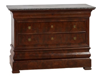 French Louis Philippe Marble Top Walnut Commode, mid 19th c., H.- 37 in., W.- 50 1/2 in., D.- 22 1/2