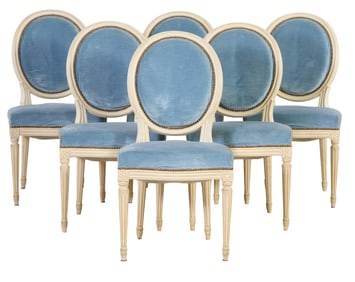 Set of Six French Louis XVI Style Creme Peinte Side Chairs, 20th c., H.- 36 1/2 in., W.- 19 in., D.-