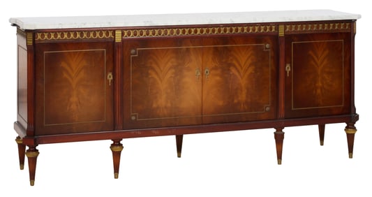 French Louis XVI Style Ormolu Mounted Marble Top Walnut Enfilade, 20th c., H.- 38 in., W.- 91 in.,