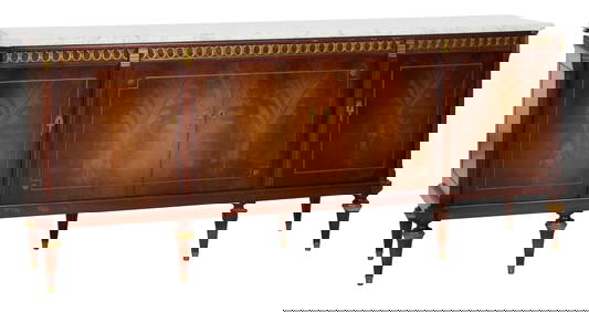 French Louis XVI Style Ormolu Mounted Marble Top Walnut Enfilade, 20th c., H.- 38 in., W.- 91 in., (1 of 2)