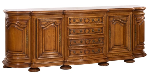 Large French Provincial Louis XV Style Oak Bowfront Sideboard, 20th c., H.- 40 in., W.- 104 in., D.-