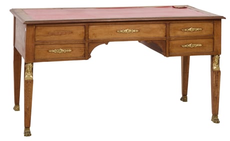 French Empire Ormolu Mounted Leather Top Writing Desk, 19th c., H.- 30 1/2 in., W.- 58 1/2 in., D.-
