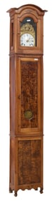 French Provincial Burled Walnut Morbier Clock, 19th c., H.- 108 in., W.- 18 in., D.- 10 in.